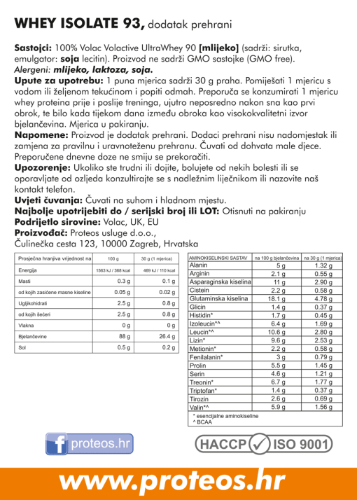 izolat_deklaracija_straznja Poleđina pakiranja Proteos Whey izolat 93 proteina s detaljnim nutritivnim vrijednostima i sastavom na hrvatskom jeziku.
