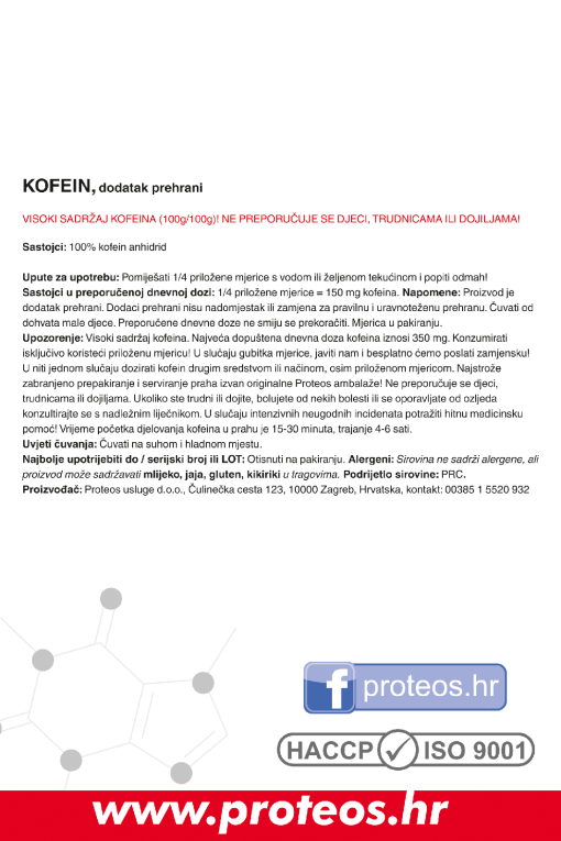 kofein_deklaracija_straznja Poleđina pakiranja Proteos kofein u prahu s tablicom nutritivnih vrijednosti, sastojcima i uputama za pravilno doziranje.