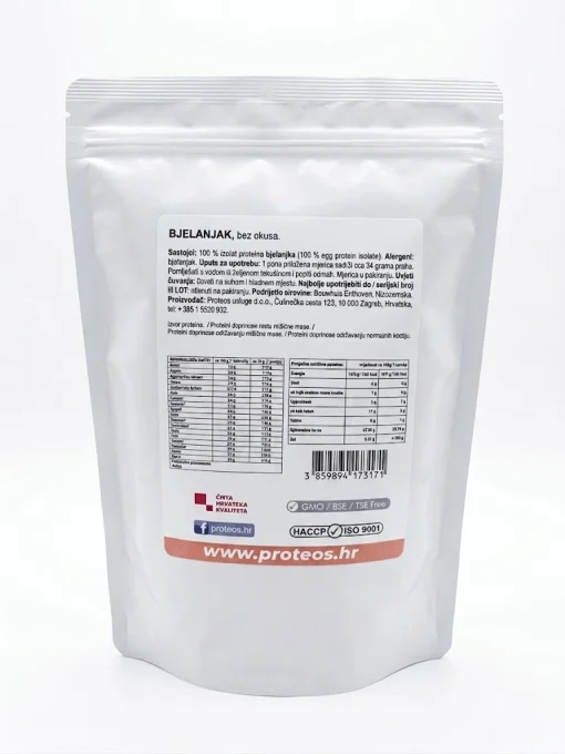 Proteos Bjelanjak 1 kg vrecica straznja bjelanjak - čisti izolat proteina bjelanjka, slika vrećice sa stražnje strane